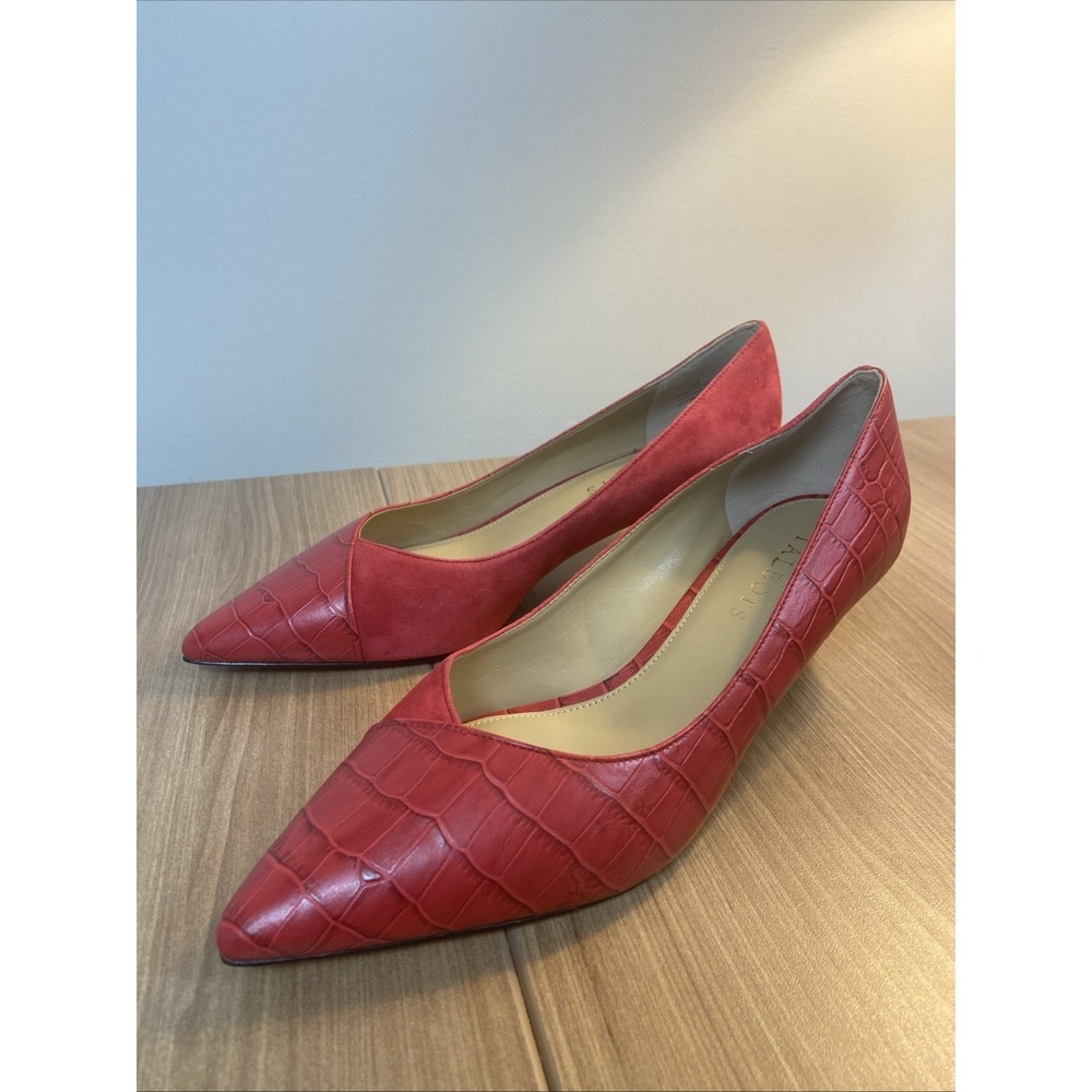 New Talbots Sylvie Red Suede Croc Embossed‎ Kitten Heel Pumps Heels 7.5 M Shoes